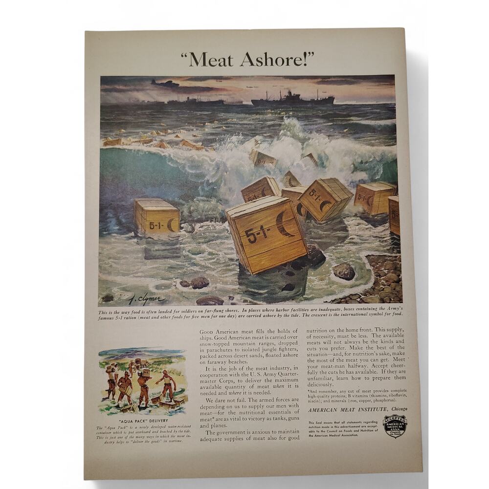 1943 Meat‎ Ashore Print Ad Crates Canned Meat Wartime Food Supply 1940s Ephemera